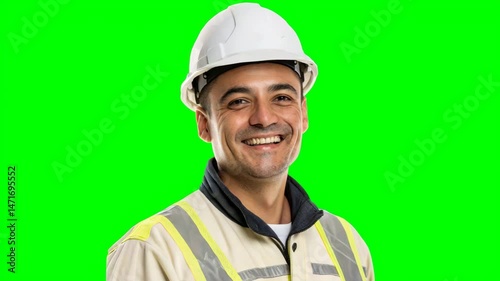 A smiling construction worker in safety gear and a white hard hat stands against a bright green background.