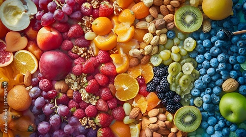 Fototapeta Naklejka Na Ścianę i Meble -  Colorful spread of fresh fruits and nuts for a snack supporting mindful eating