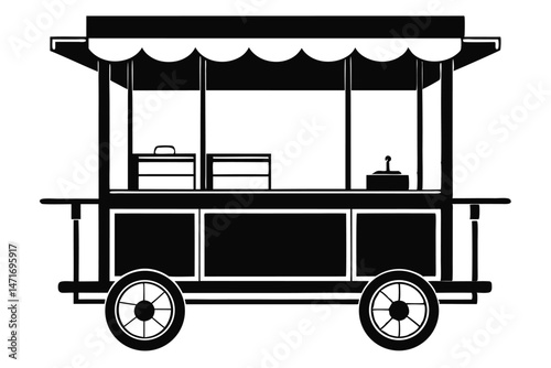 Isolated black movable cart features a scalloped awning and four spoked wheels in the design