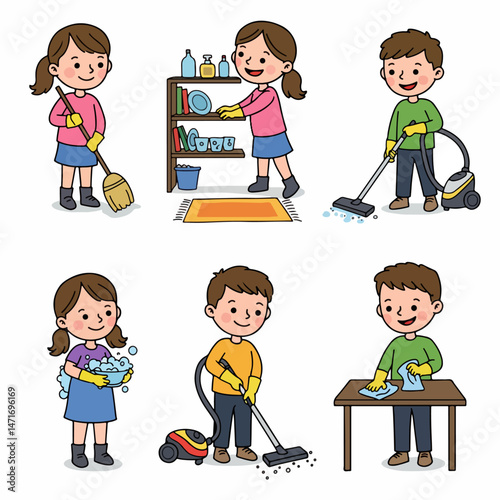Cleaning with Care: A delightful illustration captures the essence of cleanliness as depicted by six cute children engaged in various household chores. The scene radiates warmth, joy.
