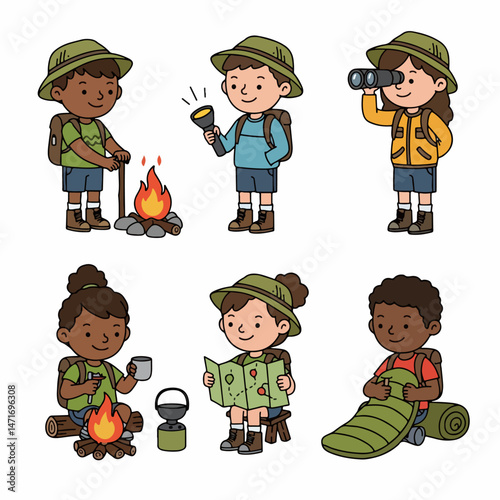 Camping Adventure: A delightful illustration showcases six young explorers engaged in various camping activities, fostering a sense of exploration and outdoor adventure. 