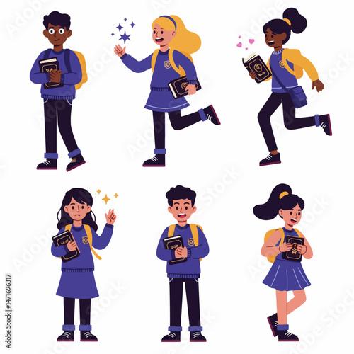 School's Out: Diverse pupils express excitement with book and backpack. Vividly portrays the exhilaration and anticipation of children ready to learn.