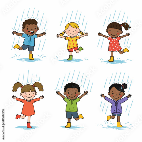 Joyful Rain Dance: A delightful illustration captures the carefree spirit of childhood as a diverse group of children gleefully dance in the rain, their arms outstretched in pure joy. 
