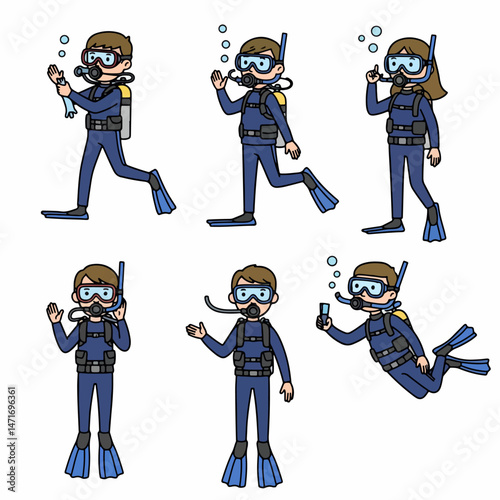 Diver's Dive: A vibrant illustration captures diverse divers engaged in scuba diving, each individual showcasing unique actions, creating an atmosphere of exploration and excitement.