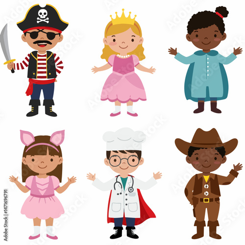 Whimsical Dress-Up: A charming collection of diverse children in playful costumes, their joyful expressions capturing the essence of imagination and fantasy. 