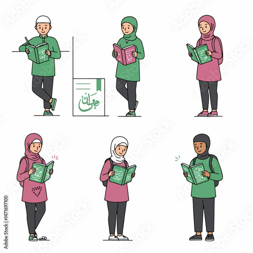 Islamic school students in study: Six students, each deeply immersed in their studies, engrossed in the pages of an open book. Each student's focus and dedication to learning.