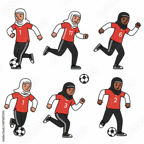 Soccer Players: A spirited illustration of female soccer players, each embodying determination as they control the ball, engage in athletic prowess.