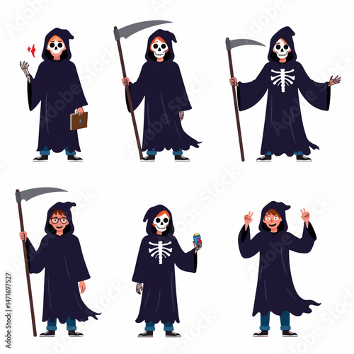Grim Reaper: An Illustration of grim reaper with scythe against isolated background representing death, afterlife, and mortality.