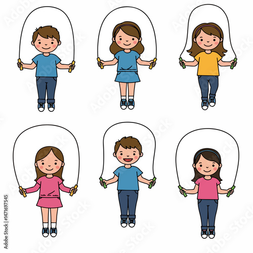 Joyful Skipping: Six young children enjoy jumping rope together, full of energy and laughter, creating a vibrant illustration of playful activity.