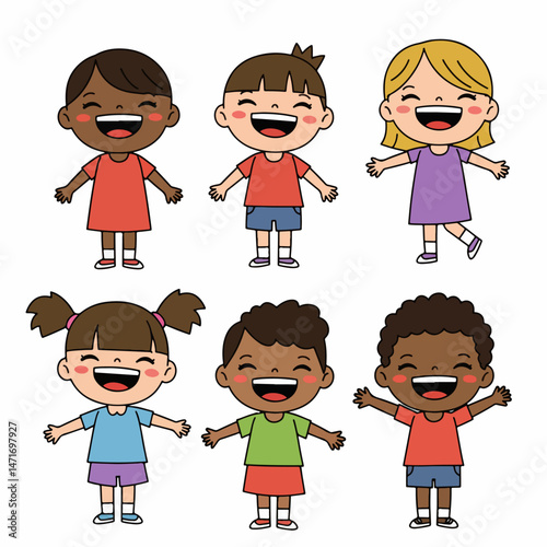 Joyful Childhood: A group of diverse children is shown radiating happiness and a joyful spirit, capturing the essence of youthful exuberance and unity. 