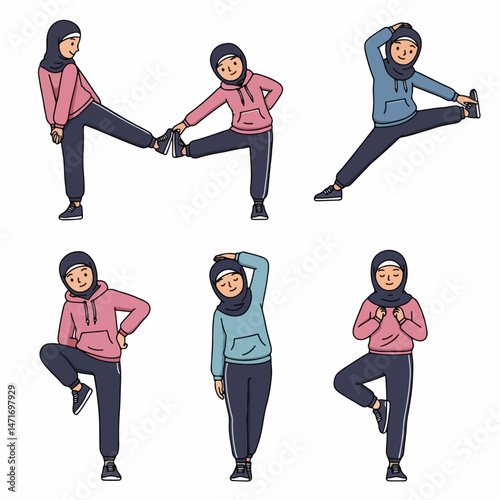 Active Life Style: A woman in hijab demonstrates a series of stretching exercises in a sequence, promoting physical activity, fitness, and mindful health practices.