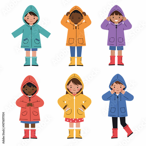 Kids in Raincoats: A cheerful illustration featuring six diverse children, each wearing a vibrant raincoat and boots, ready to embrace the rain.
