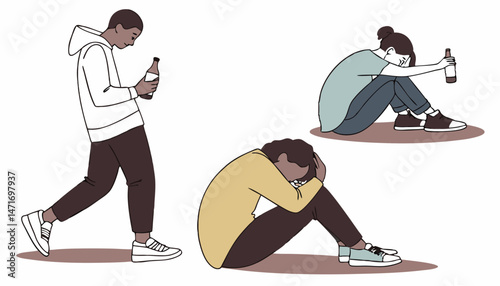 Set of addicted people. Men and women with alcoholism, obesity, gambling and partner dependence. Physical abuse and stress. Flat vector illustration collection isolated on background              