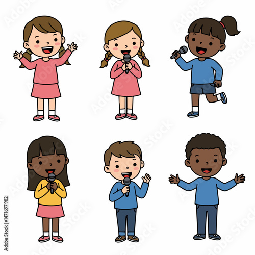 Child's Voice: This image of children is illustration of children holding microphone, and standing or running joyfully. It captures the innocence, energy, and creativity of youth.