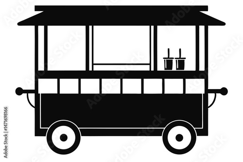 Black silhouette shows a mobile vendor cart with two cups on the counter
