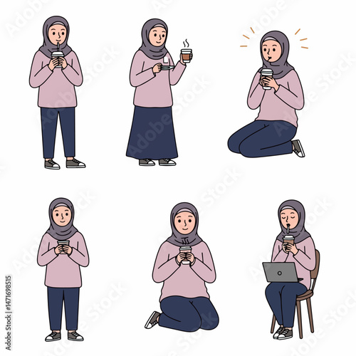 Everyday Moments: A collection of illustrations showcases a woman engaged in everyday activities, each scene bringing a glimpse of life.