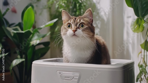 A curious tabby cat sits inside a self-cleaning litter box, surrounded by indoor plants