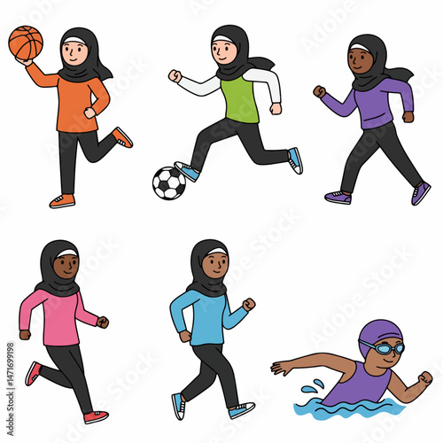 Active Muslim Girls: Six diverse Muslim girls participate in a variety of sports, embracing their faith while staying active.