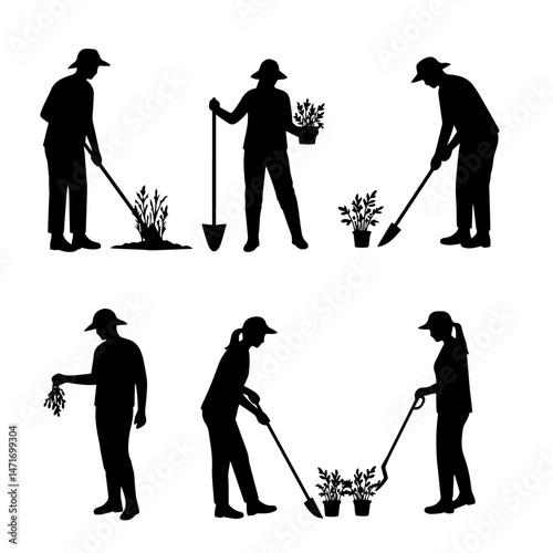 Garden Silhouette in Action: A collection of silhouettes showcases gardeners, engrossed in a diverse range of gardening activities within a harmonious garden scene.