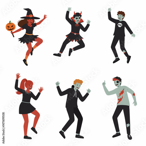 Halloween Revelry: A vibrant collection of diverse Halloween characters celebrating in various spirited poses. Evoking the essence of the season with costumes and festive joy.