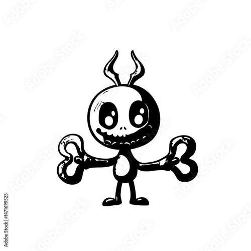 Whimsical horned character with expressive eyes, presented in stark monochrome