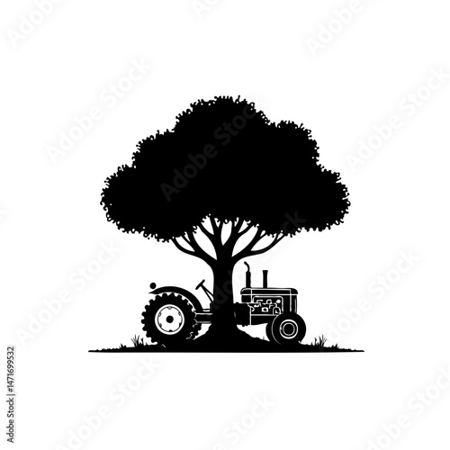 Monochrome agricultural scene: vintage tractor nestled beneath a majestic tree silhouette