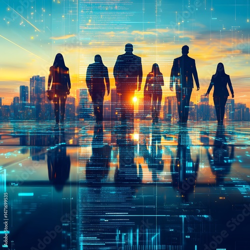 A futuristic cityscape and digital innovation with an elite group of professional executives stride purposefully into a new era of innovation and technology, under a vibrant sunset sky.