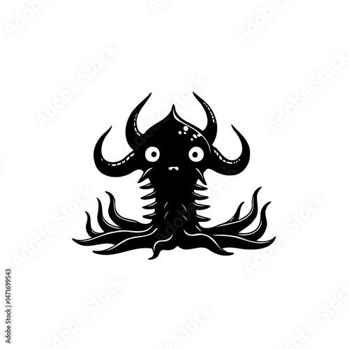 Monochrome depiction of an unsettling tentacled creature with bulbous eyes
