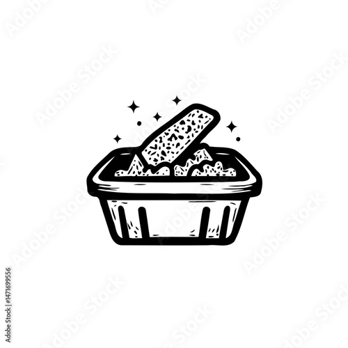 Minimalist icon: sparkling sponge cleaning in a container for home sanitation