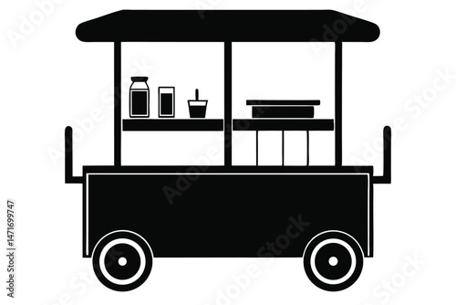Silhouette shows mobile food cart with items on shelves and two large wheels