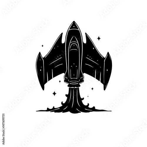 Stylized Monochrome Illustration of a Rocket Launching into the Cosmos