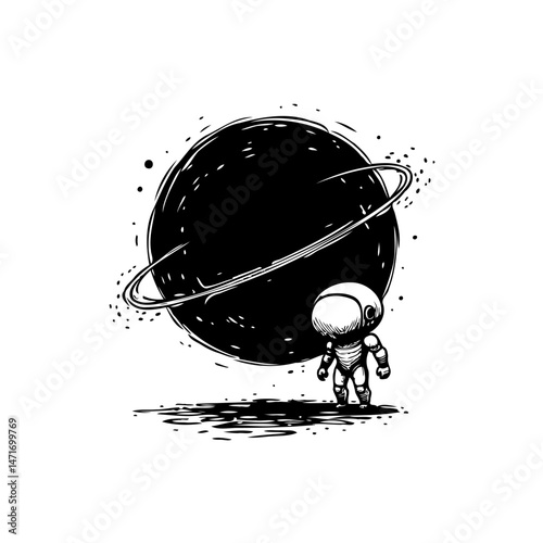 Introspective spaceman pondering a distant celestial sphere, surreal ink drawing