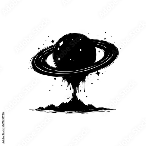 Abstract depiction of a celestial body oozing onto a stylized landscape
