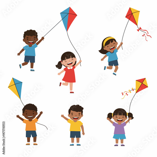 Soaring Dreams: Playful children, each clutching colorful kites, dance beneath a bright, cloud-dotted sky, painting a scene of childhood wonder and pure happiness. 