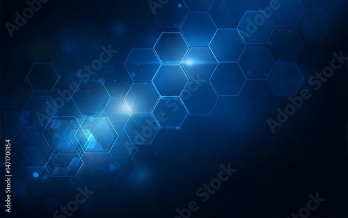 Abstract blue technology background with hexagonal shapes and a glowing light effect, vector photo
