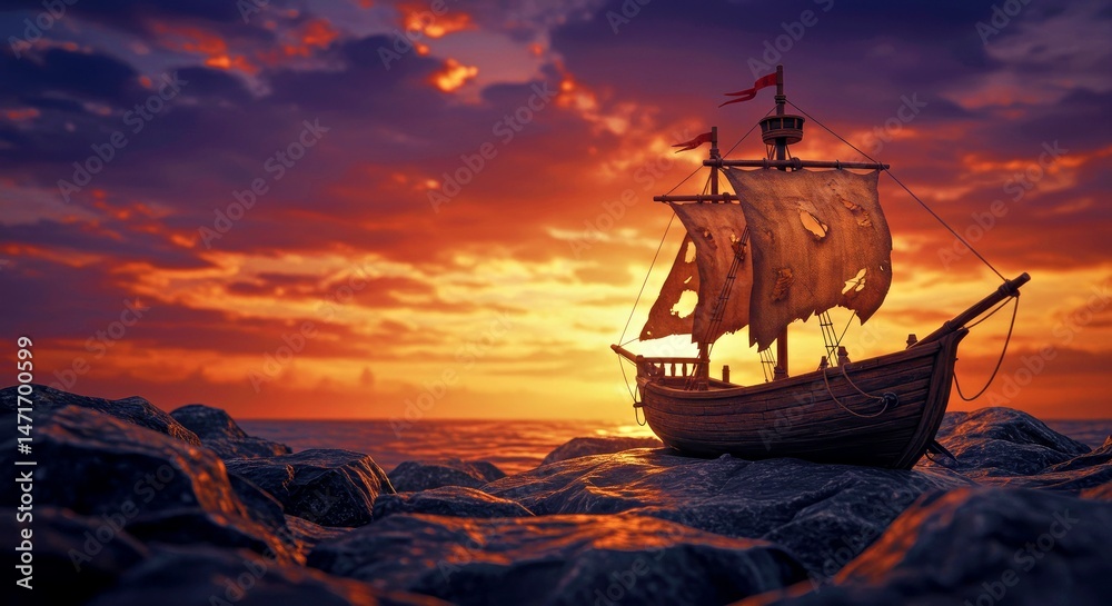 Obraz premium A fantasy-inspired shot of a miniature boat on a rocky shore under dramatic skies, suggesting an epic voyage