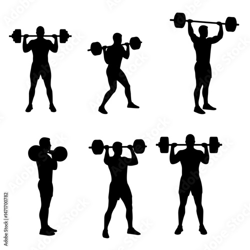Silhouette Strength: A collection of striking silhouettes of a person exercising with a barbell, highlighting strength training and the power of physical conditioning.