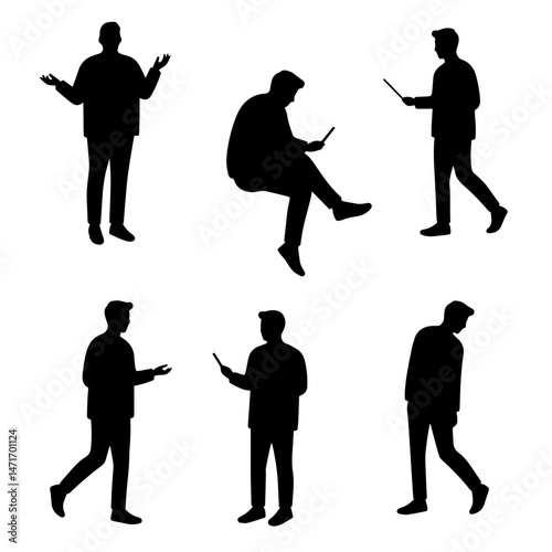 People Silhouette Compilation: A collection of stylized silhouettes featuring people in various poses and activities, ideal for representing diverse actions and concepts. 