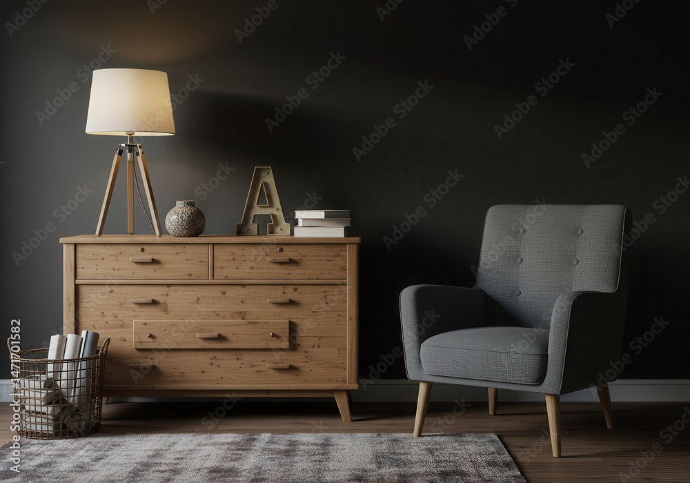 Fototapeta premium Living room interior with wooden dresser, lamp, and gray armchair against a dark wall