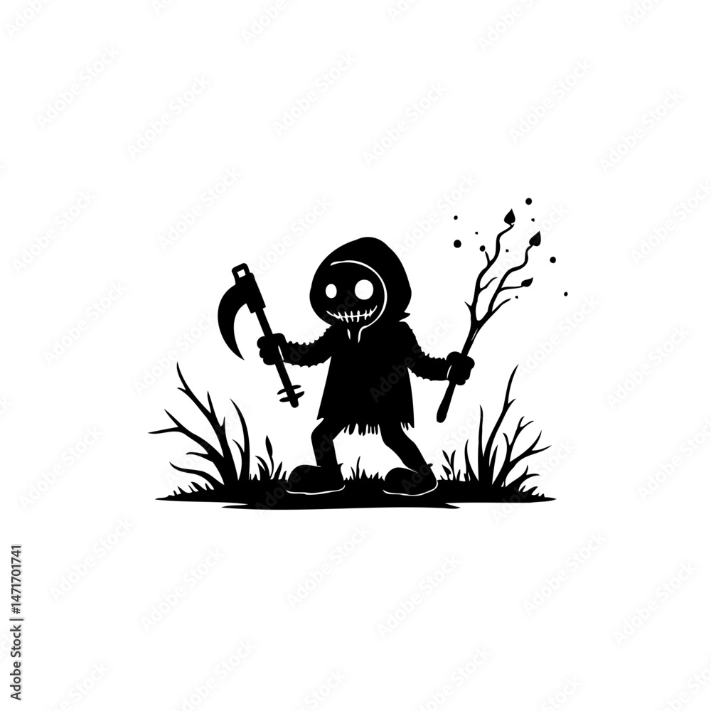 Fototapeta premium Stylized silhouette of a hooded figure with a scythe and branch graphic