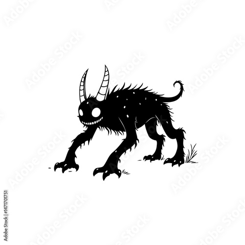 Whimsical horned beast with glowing eyes against a stark white backdrop