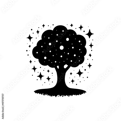 Enigmatic silhouette: whimsical tree surrounded by magical celestial dust