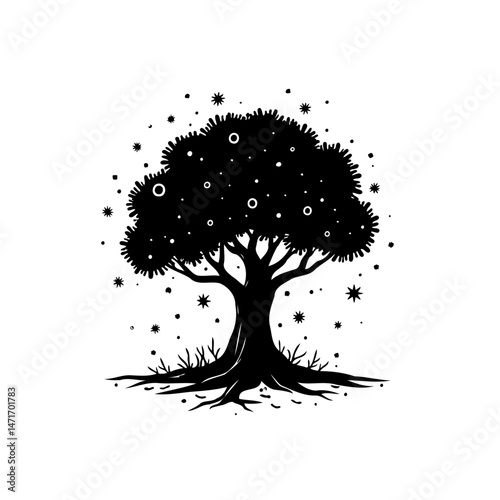 Enchanting Silhouette: A Mystical Tree Under a Celestial Canopy of Stars