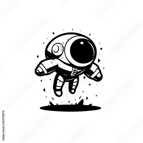 Whimsical monochrome astronaut illustration floats in cosmic void amid stardust