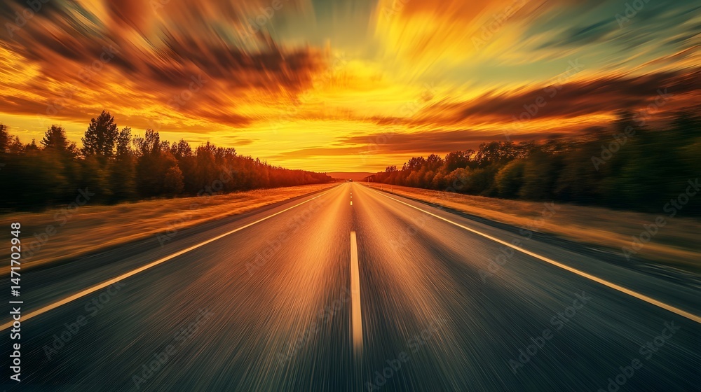Fototapeta premium An expansive road stretches towards a vibrant sunset sky, with golden hues painting the clouds. The asphalt path beckons exploration.