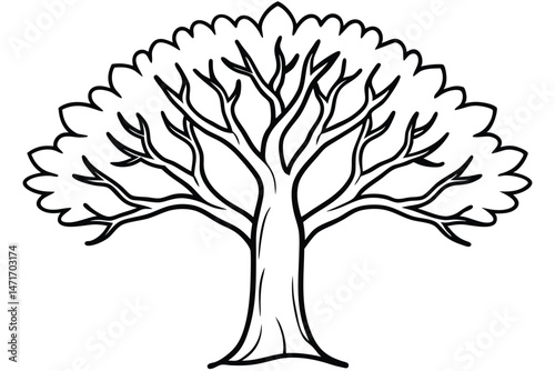 Monochrome line art shows an isolated tree trunk with branches and rounded leafy shape