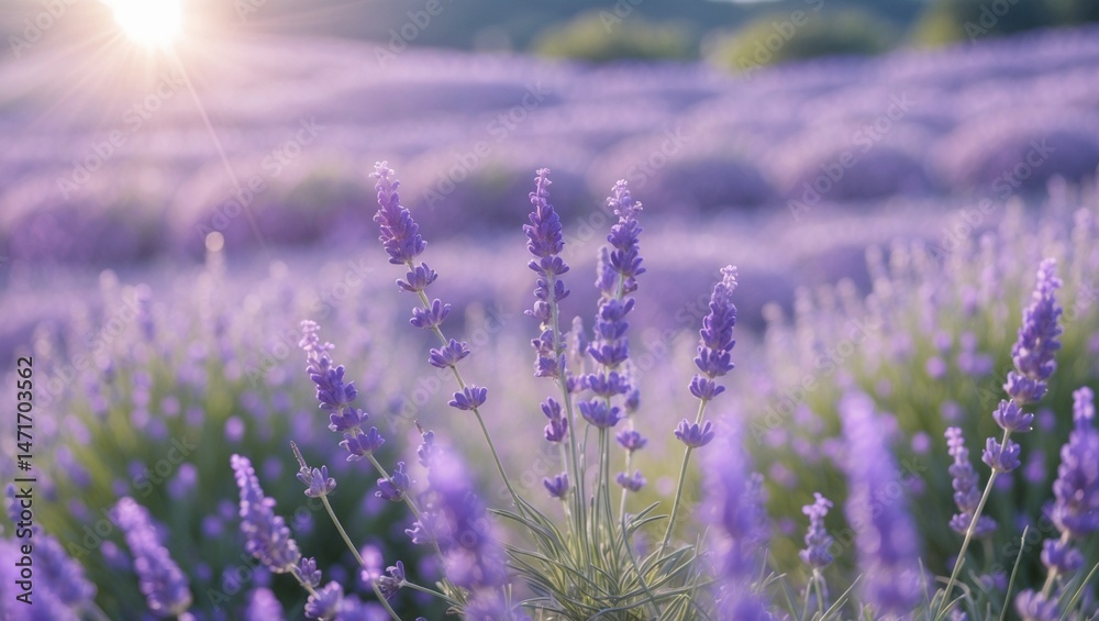Naklejka premium Field of lavender with sunlight, suitable for nature websites, spa ads, relaxation themed designs, and wellness promotions, evoking calm and peaceful vibes.