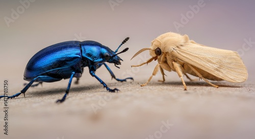 Blue Beetle and Beige Moth Face Off - Two insects, a vibrant blue beetle and a pale beige moth, confront each other in a close-up shot. The symbolizes contrast, nature's diversity, a silent standoff