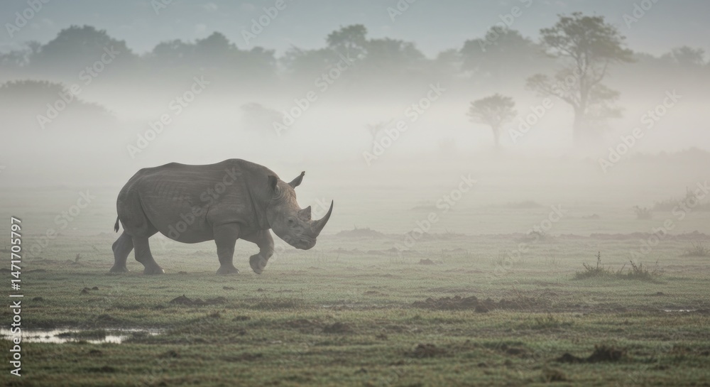 Fototapeta premium A solitary rhino stands in the fog, its massive form emerging through the mist, creating a mysterious and powerful scene in the wild.