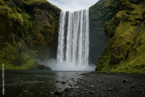 Majestic waterfall amidst lush greenery.